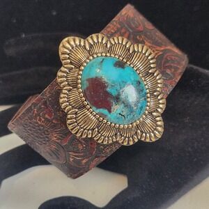 Western Floral Embossed Leather Cuff Bracelet Faux Turquoise Concho Brass Tone